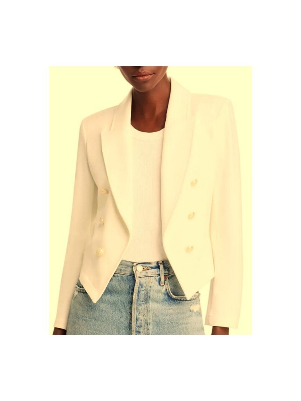 L'Agence Wayne Crop Open-front Double Breasted Blazer in Ivory, Size XL